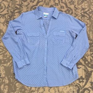 UNC Columbia Women’s Lt. Blue Button-Up Shirt with Polka Dots